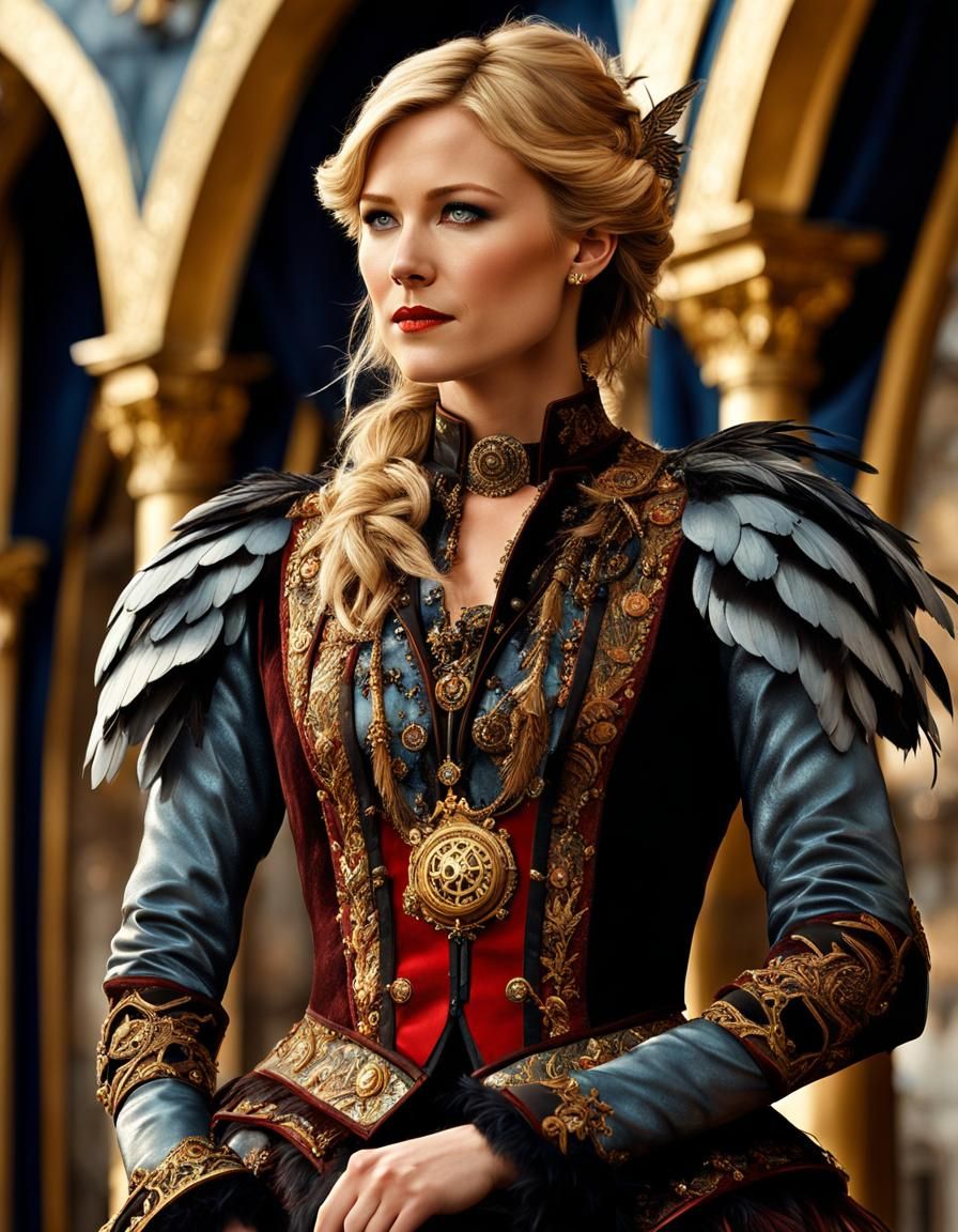 Steampunk Airship with Feathered Dress in Hyperrealism