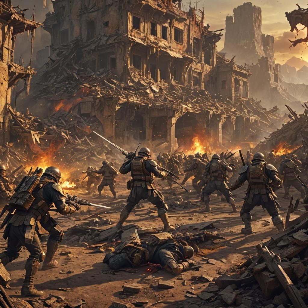 Soldiers Clash in War-Torn Landscape: Epic Fantasy Art