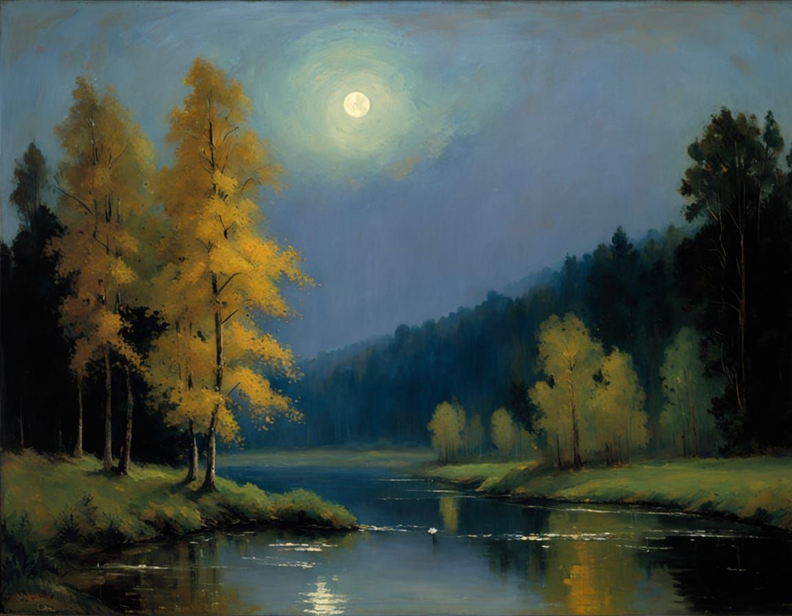 Silver Moon Over Misty Forest in Tonalist Style