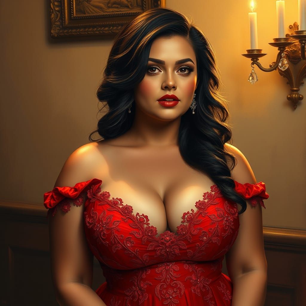 Chubby Woman in Elegant Red Gown