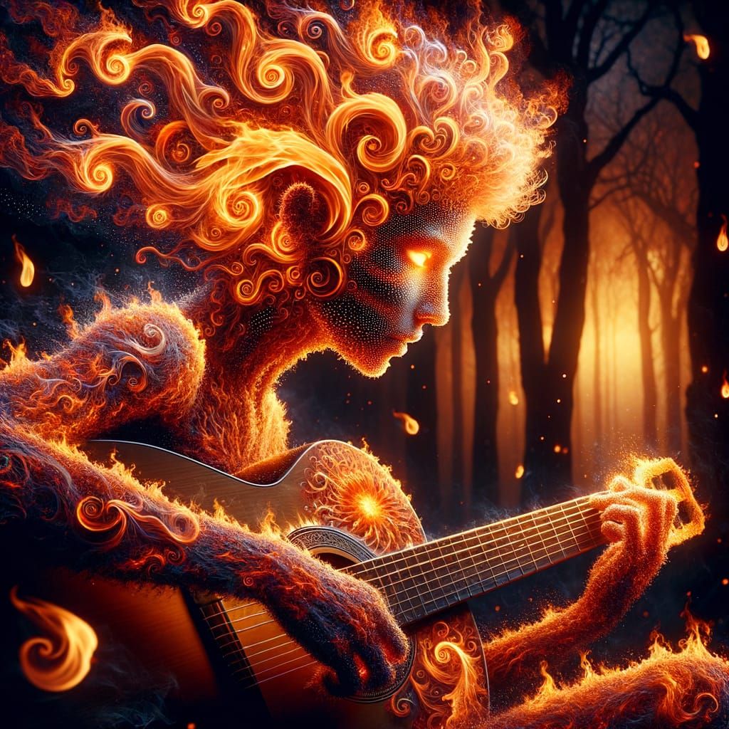 Fiery Spirit Plays Guitar in Enchanted Forest