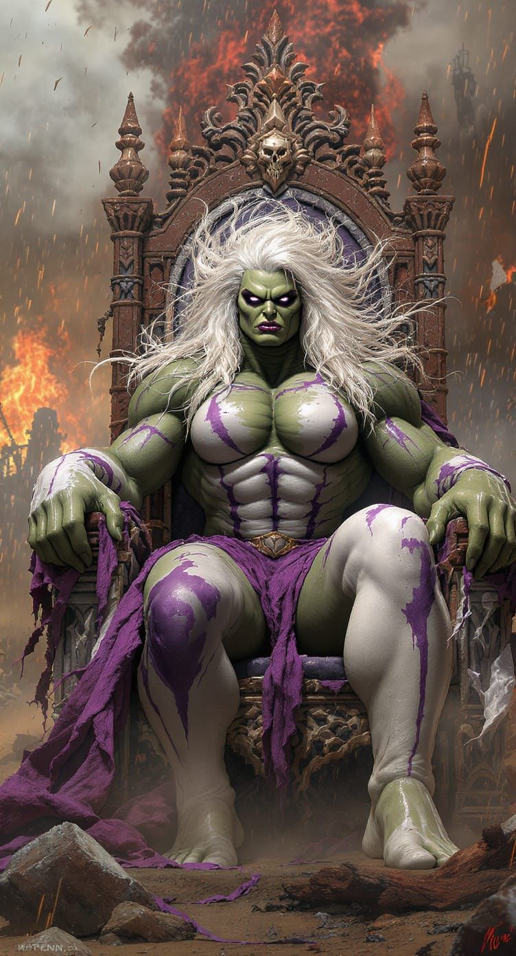 Wasteland She-Hulk on Eroding Throne in Apocalyptic Style
