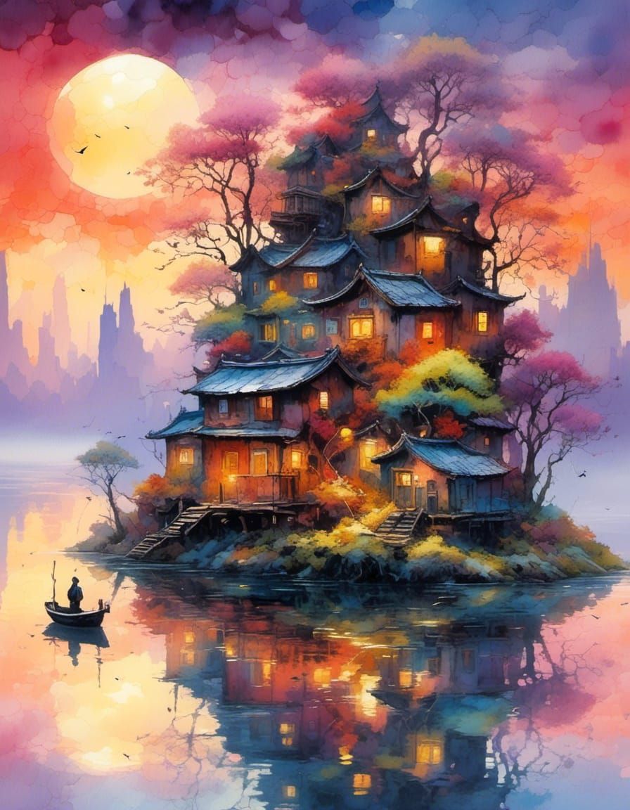 Floating Bonsai Village at Sunset: Watercolor Painting