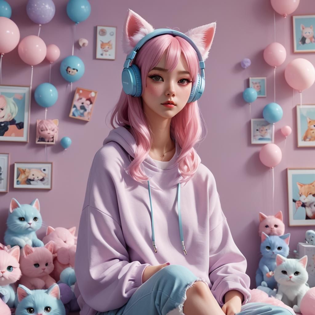 Pastel Kawaii Anime Girl with Cotton Candy