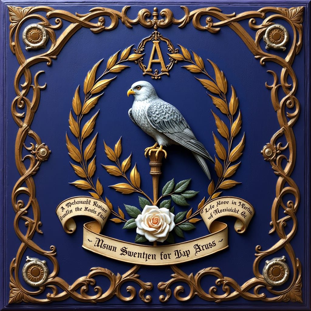 Vintage Book Cover with Falcon and Rose, Woodcut Style