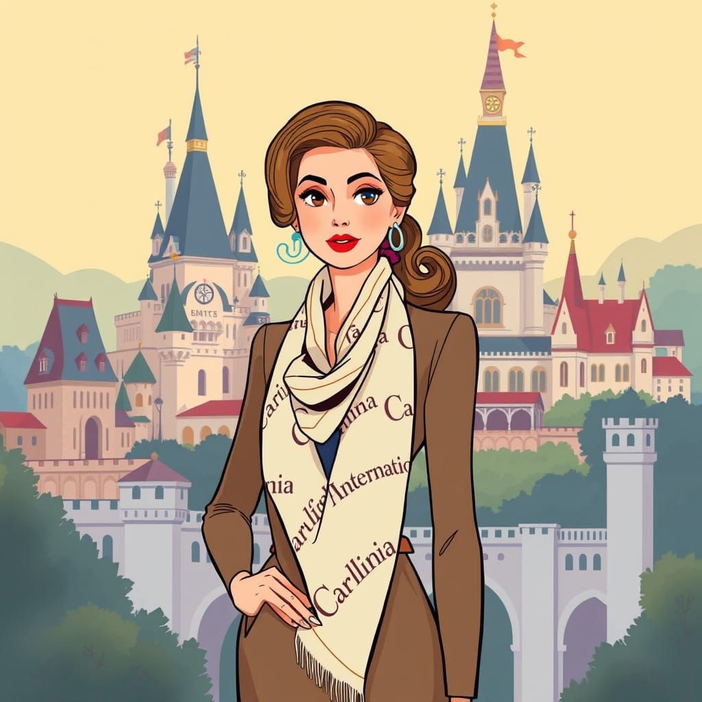 Elegant Woman in Whimsical Disney-Inspired Cityscape