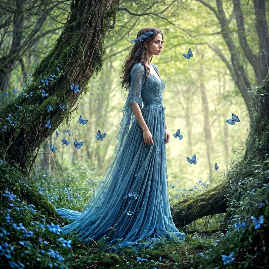 Enchanted Blue Goddess in Mossy Forest