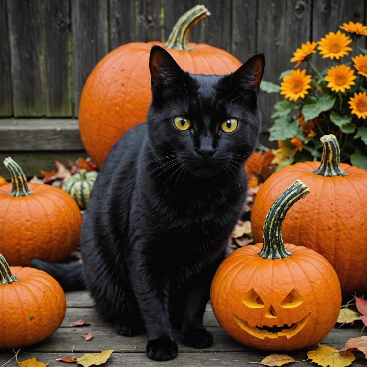 Black Cat and Pumpkin Still Life