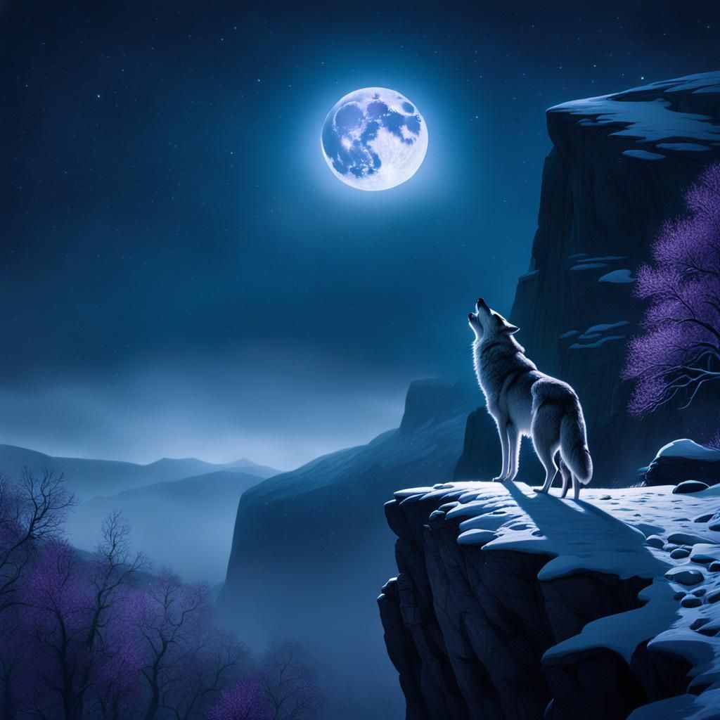 A lone wolf stands on a snow-covered cliff, howling at the full moon high above in the starry sky. The mountains below a...