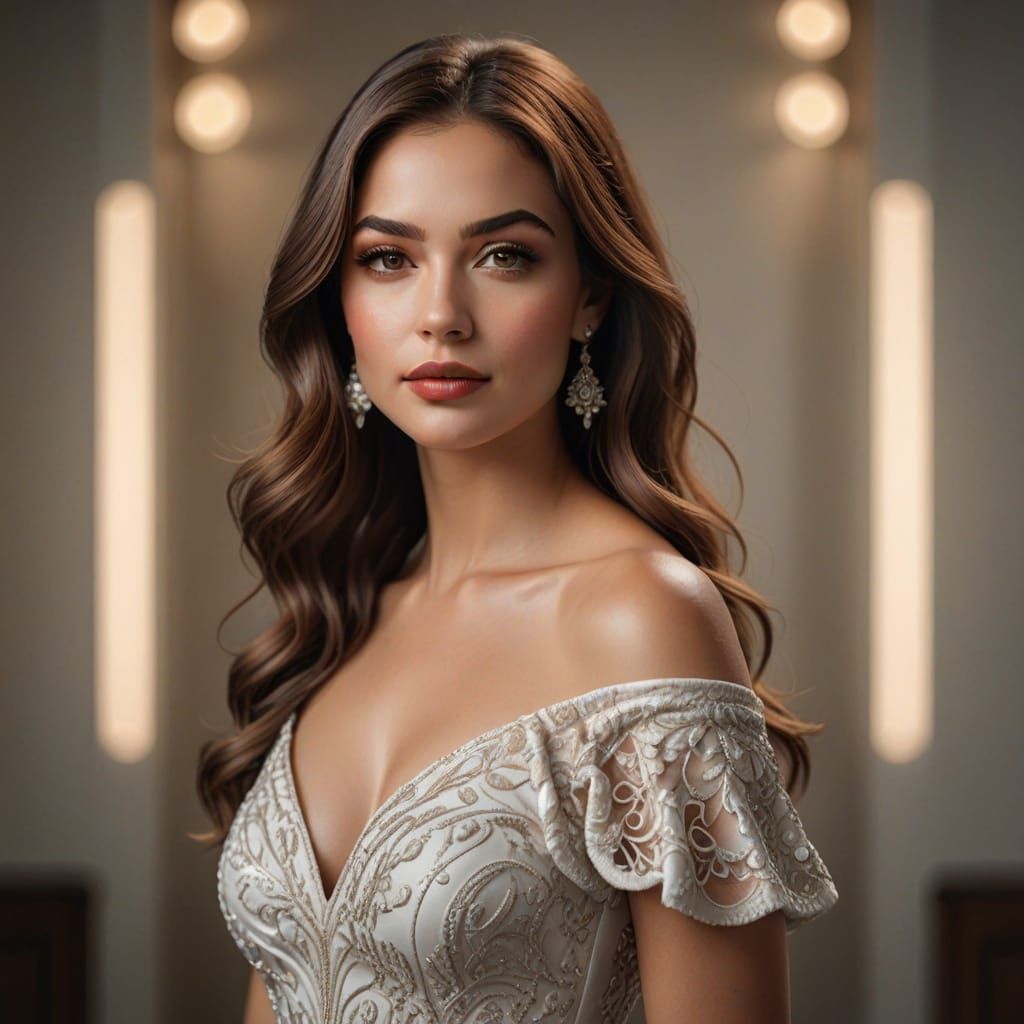 Elegant Woman in Off-Shoulder Dress, Studio Portrait