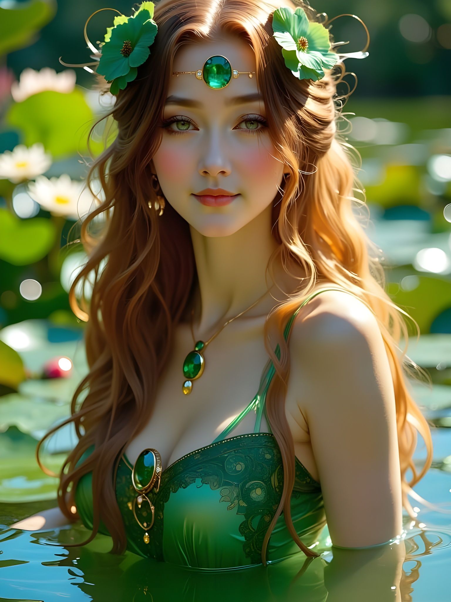 Emerald Goddess Rises from Pond in Art Nouveau Style