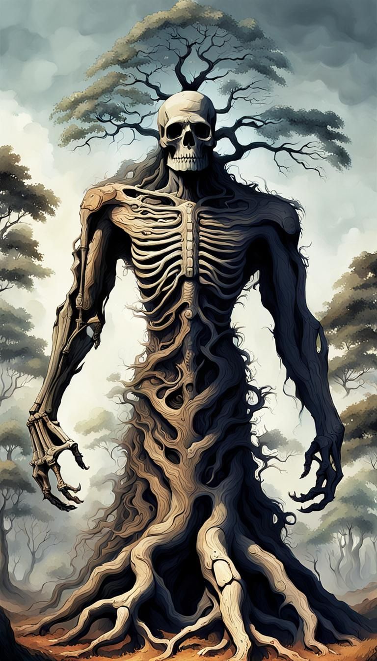 Towering Skeletal Tree Being in Cinematic Style
