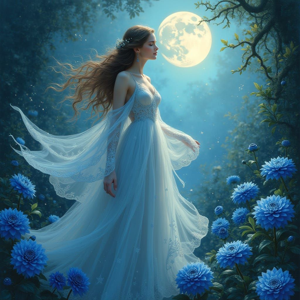 Ethereal Goddess Among Blue Dahlias in Dreamy Garden