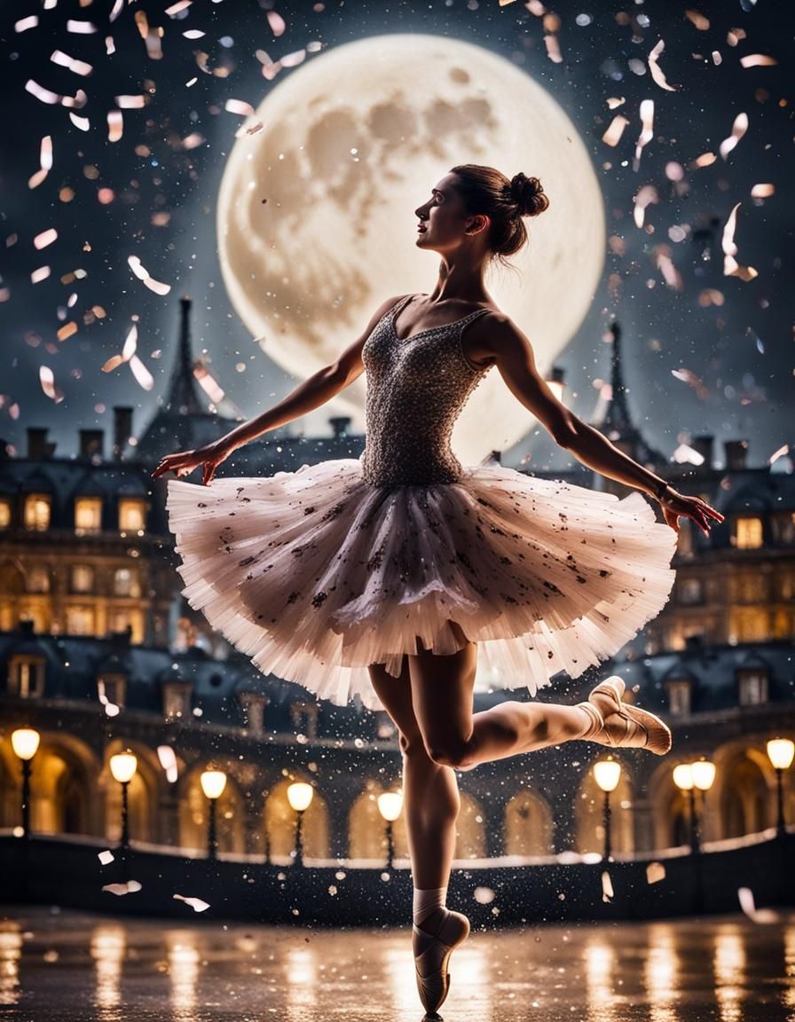 Ballerina's Graceful Dance Under Confetti Sky in Paris