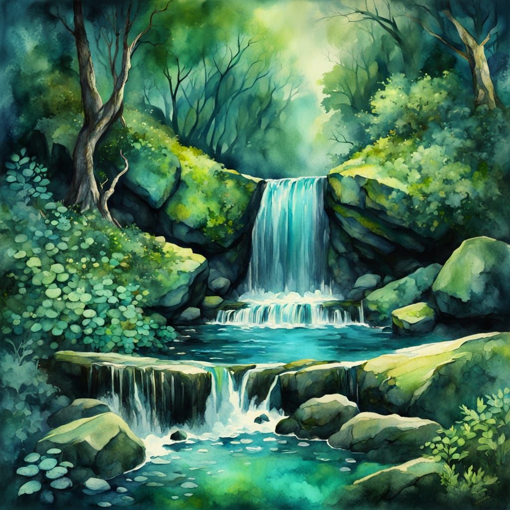 Vivid Watercolour Waterfall in Deep Greens and Teals