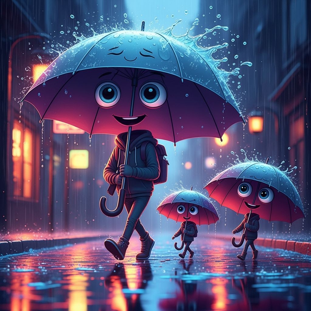Anthropomorphic Umbrellas Marching in Rainy Neon City