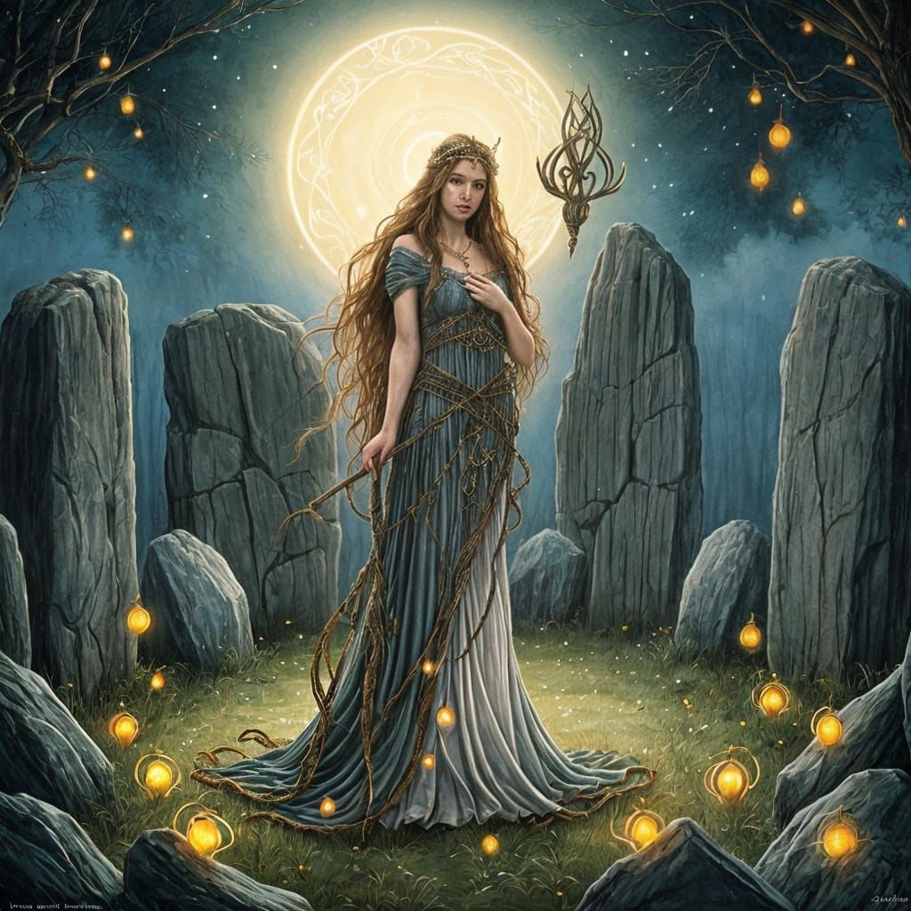 Serene Druidess in Whimsical Art Nouveau Style