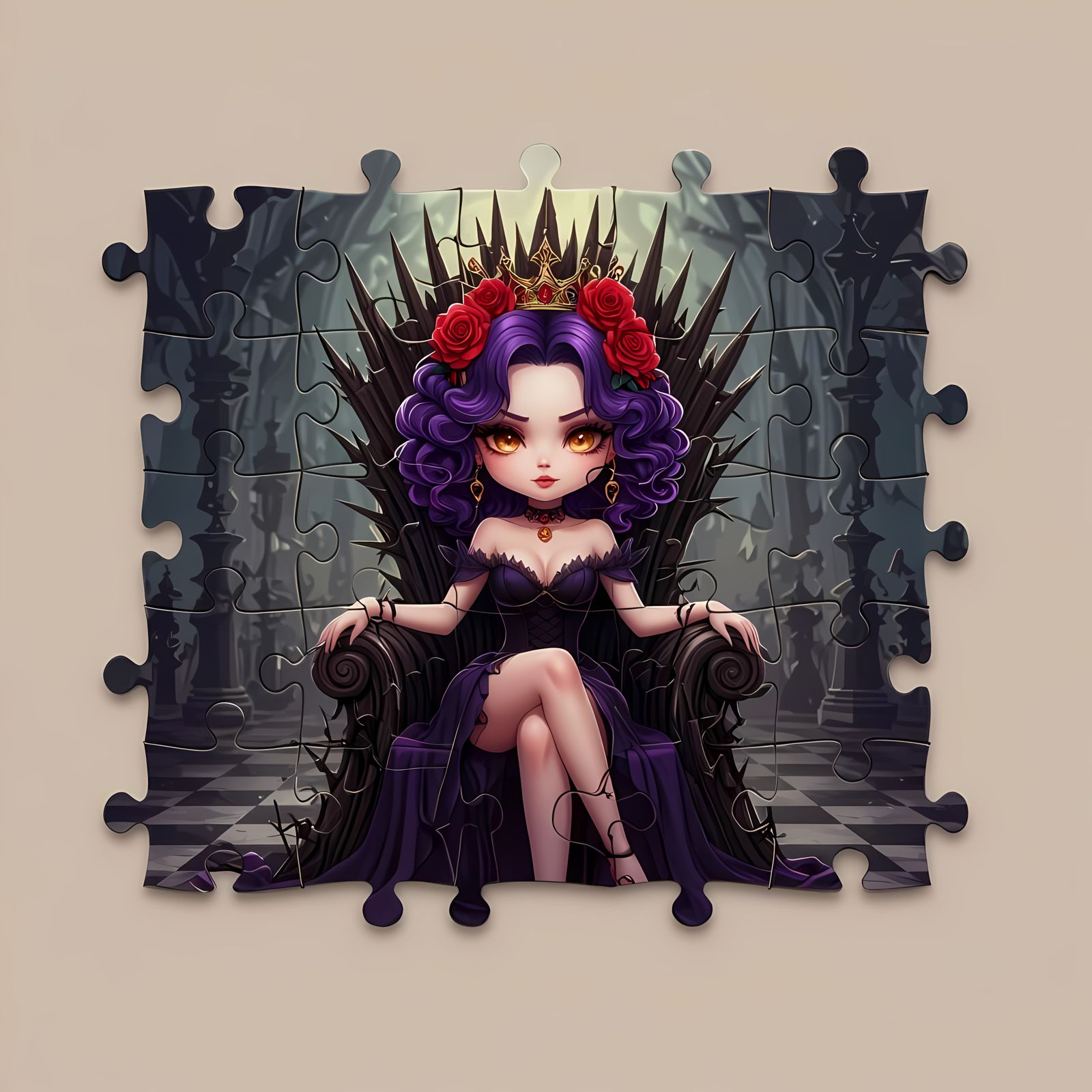 Goth Fairy Queen on Bramble Throne in Puzzle Art Style