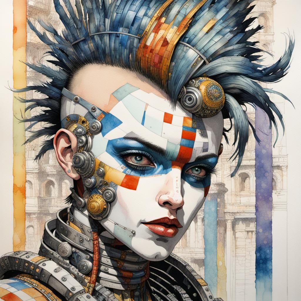 Harlequin Cyborg with Mohawk in Glitch Art Style
