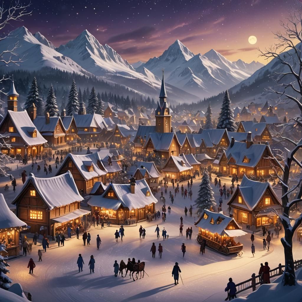 Festive Winter Village at Night: Digital Matte Painting