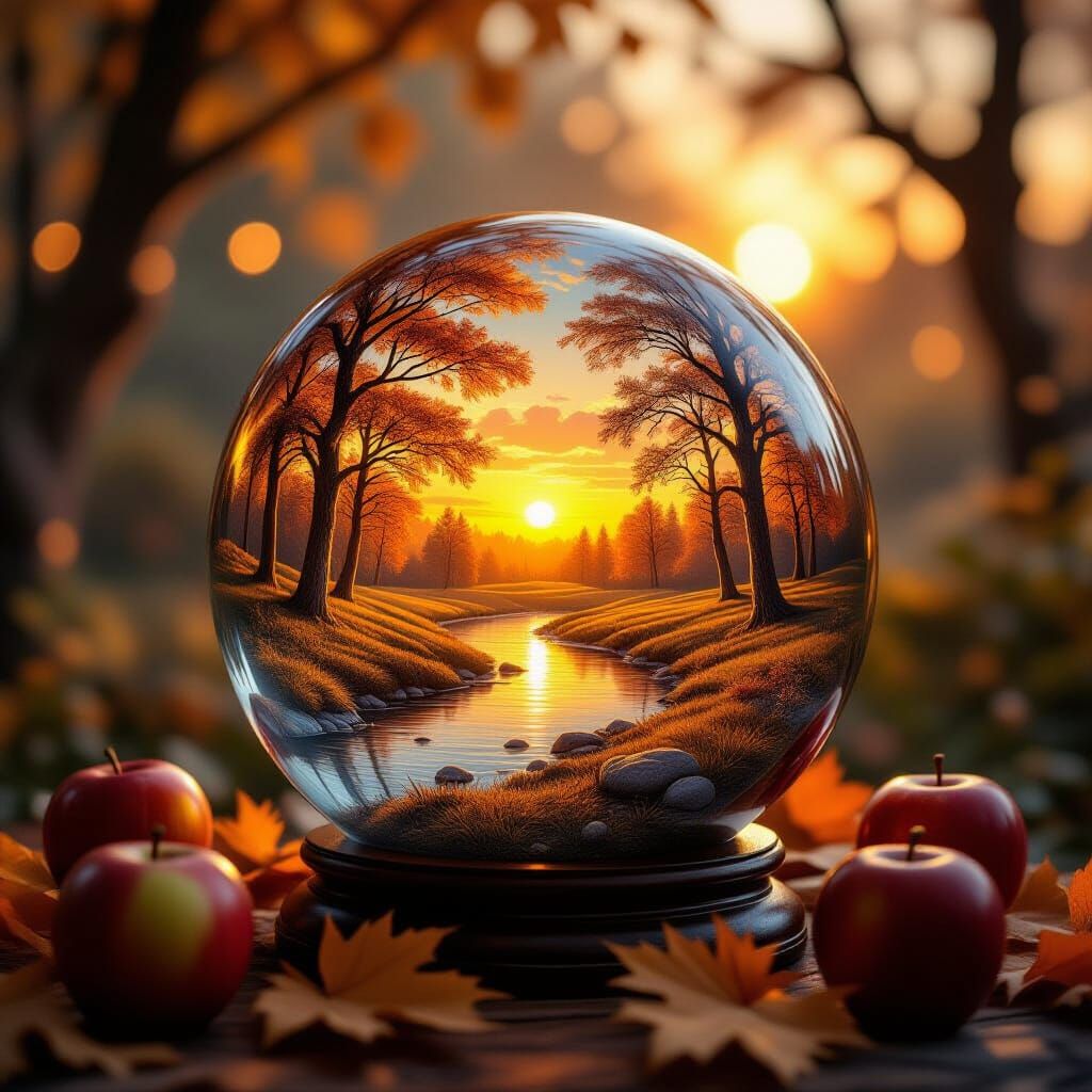 Autumn Landscape Inside Glowing Glass Ball with Apples