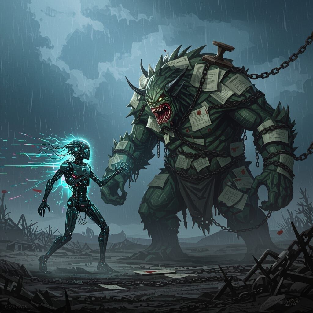 AI Entity Battles Bureaucracy Monster in Dark Fantasy Art