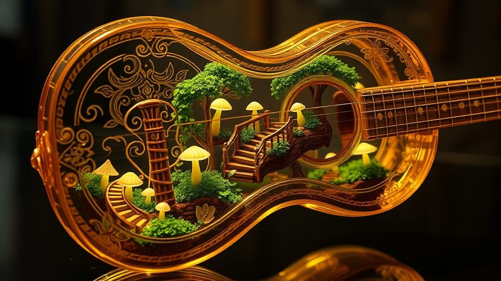 Golden Glass Guitar with Miniature World Inside