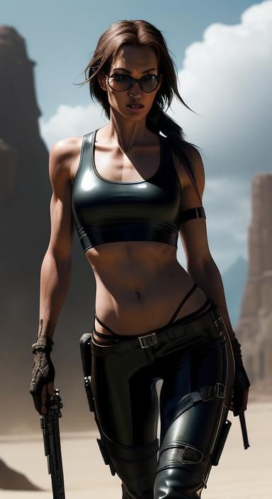 Hyperrealistic Fitness Lara Croft in Latex Bikini
