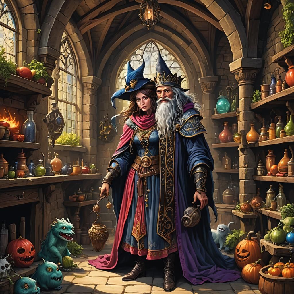 Sorceress and Monster in Alchemist's Lair