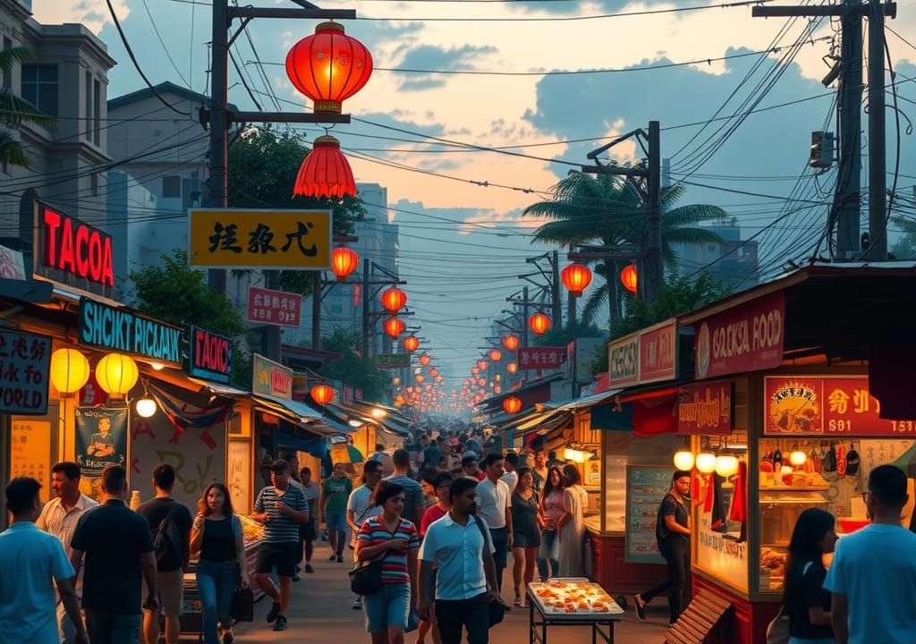 Vibrant Street Food Market at Twilight: Digital Art