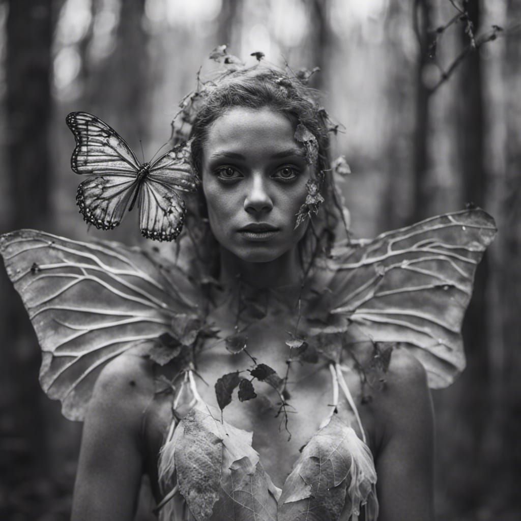 Infrared Portrait of Fairy Woman with Butterfly Wings