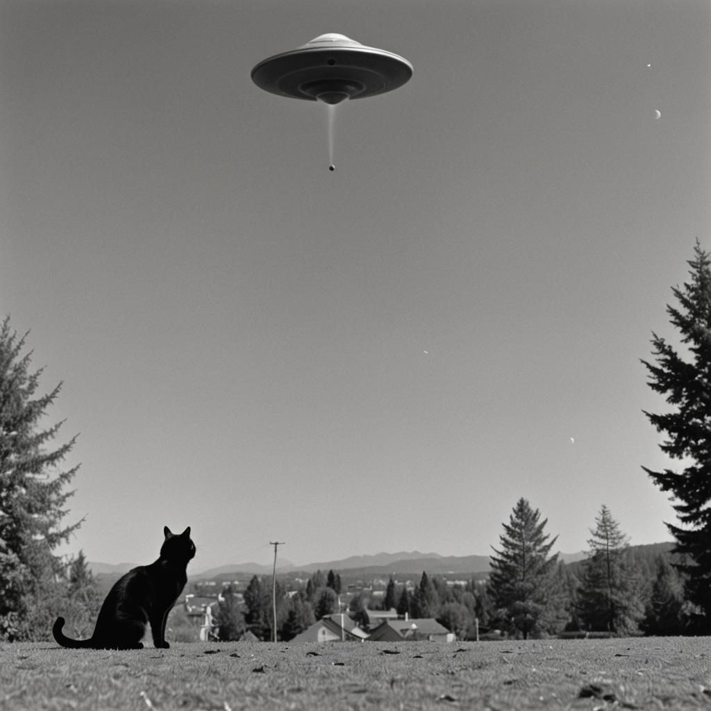 Black Cat Watches a Flying Saucer: Black and White Photo