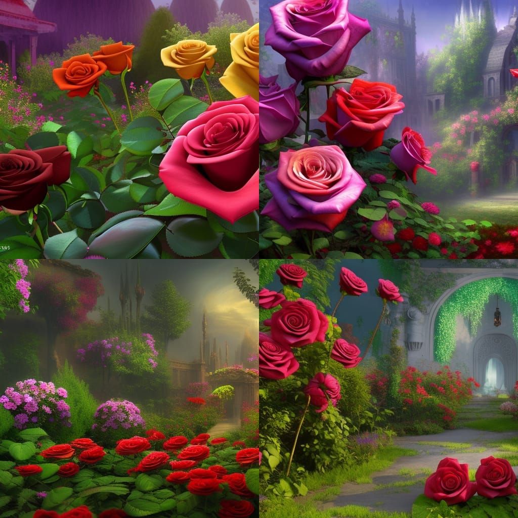 Colorful Roses in Fantasy Garden: Detailed Matte Painting