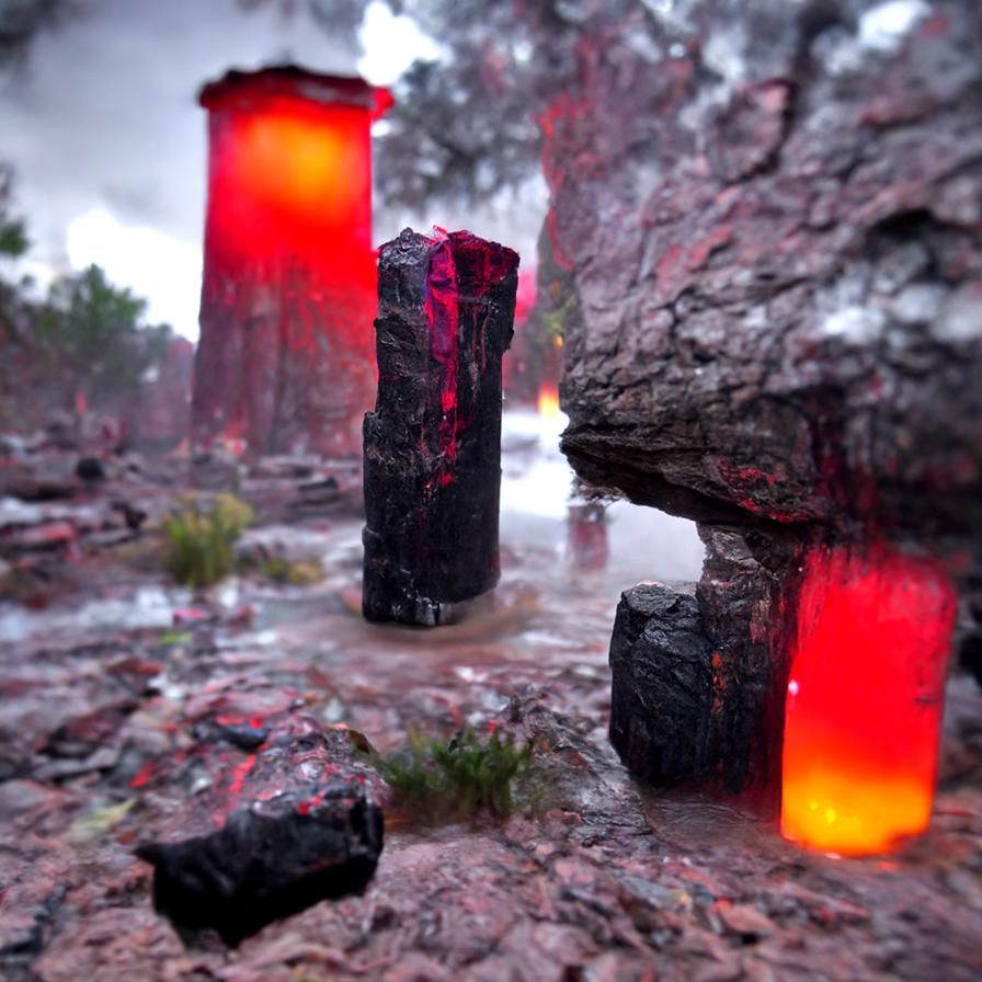 Hexagonal Black Rock Pillars in Thunderstorm Flash
