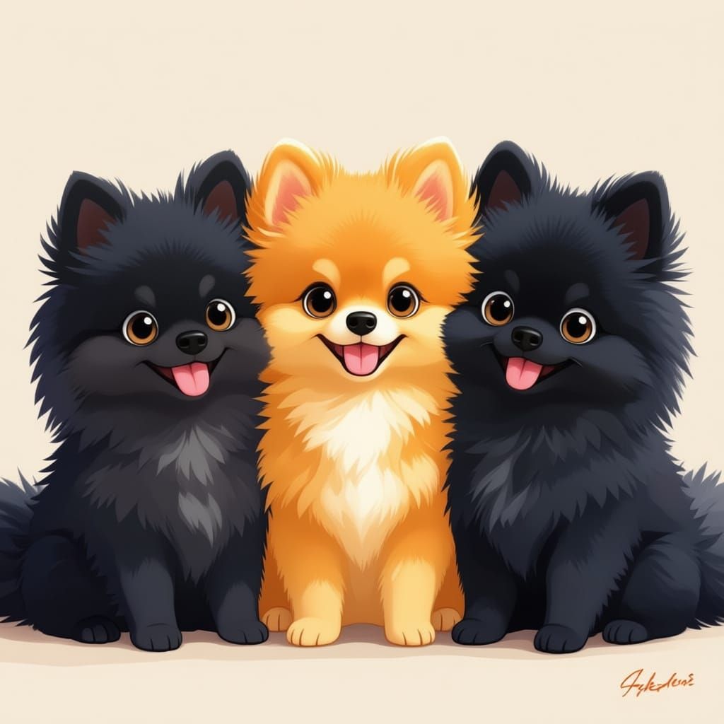 Adorable Cartoon Pomeranians: Three Fluffy Dogs in Digital A...