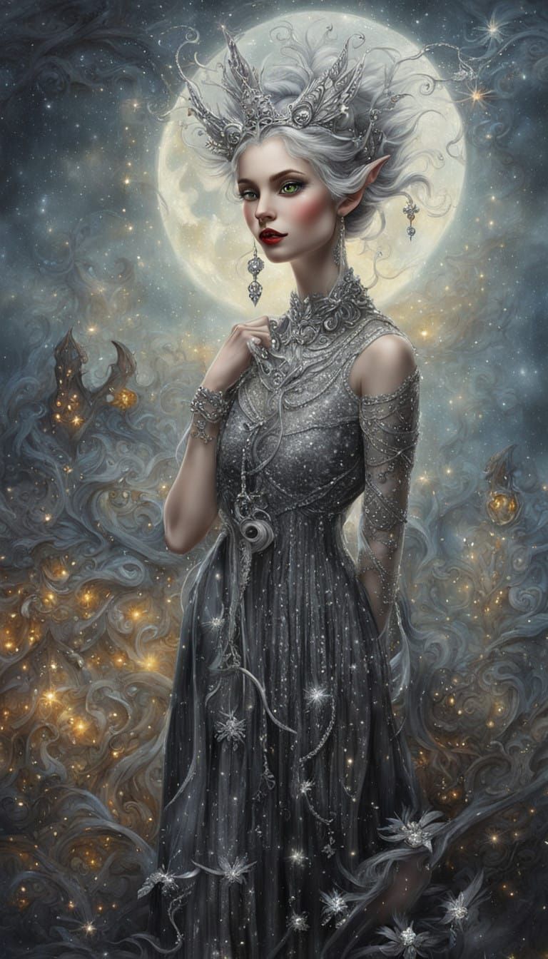 Ethereal Elf Fairy in Silver Gown, Sparkling Jewels, and Win...