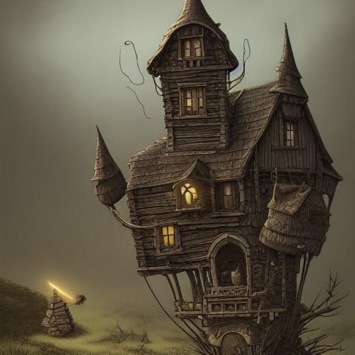 Witch on Broomstick Over Rolling Hills, Fine Art