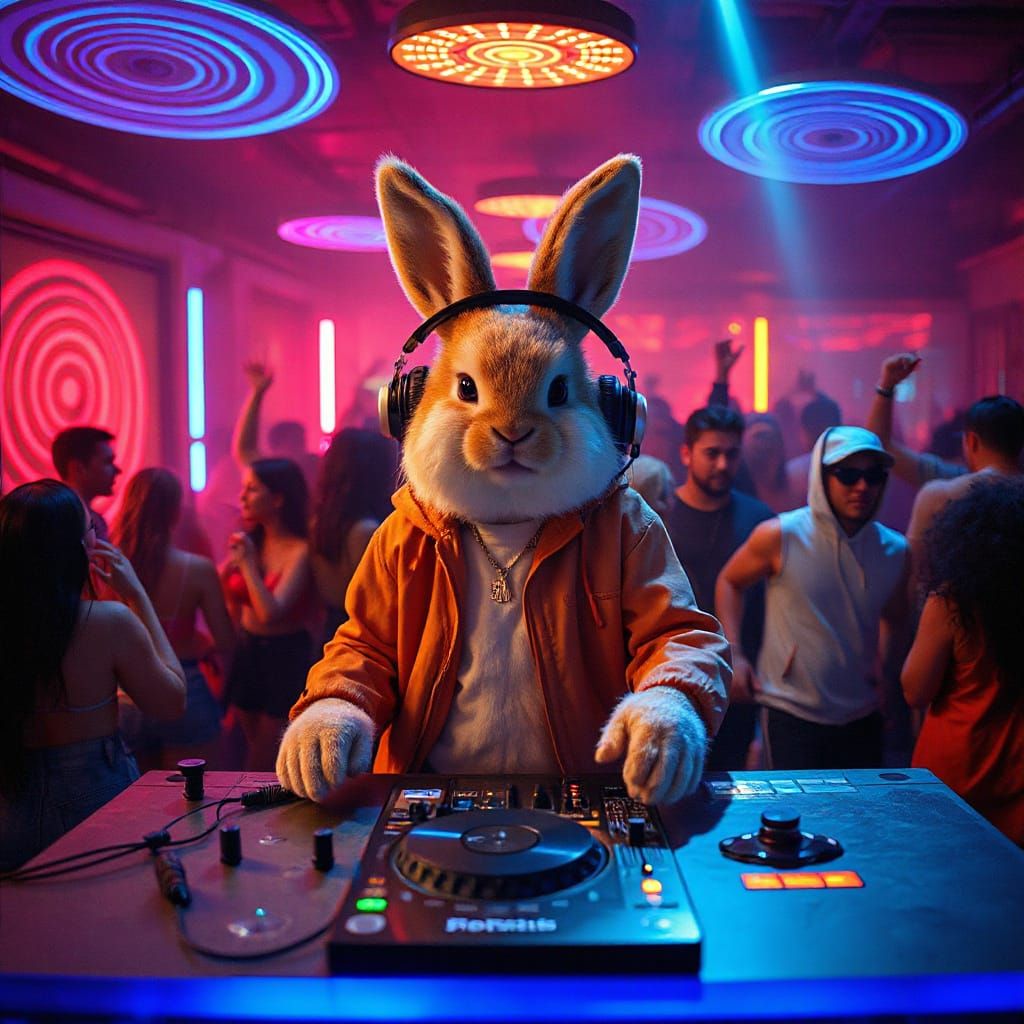 Fluffy Bunny DJ Shines in Neon Underground Rave