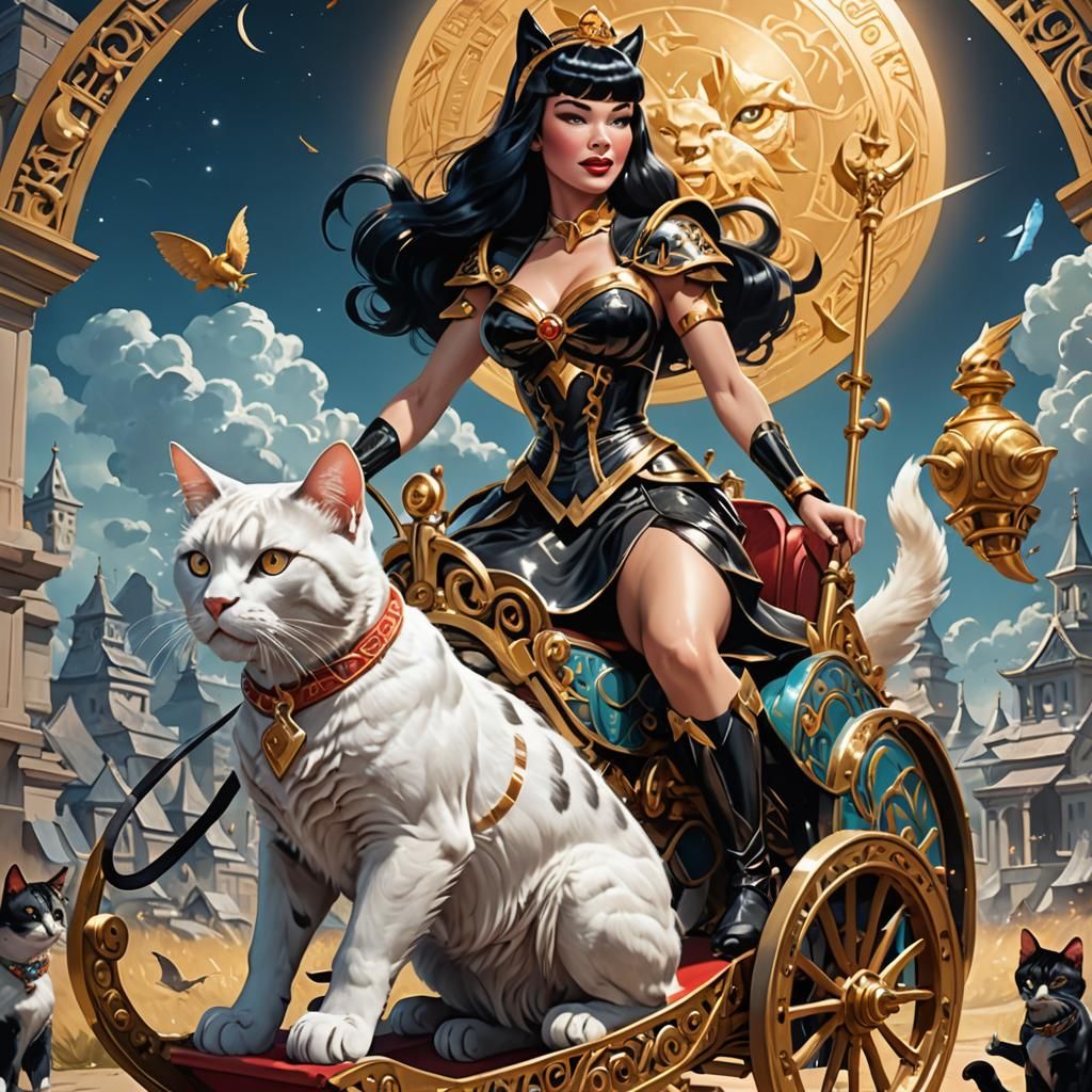 Goddess Freya Rides Cat Chariot in Anime Style