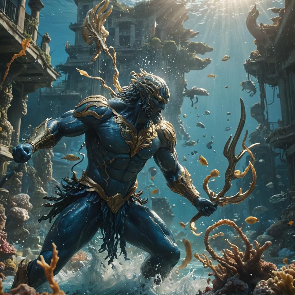 Muscular Sea God in Underwater Battle