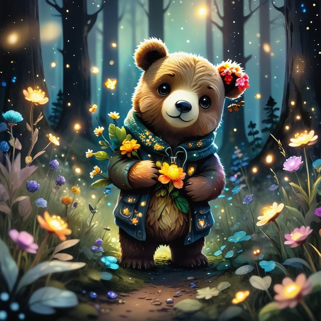Chibi Woolen Bear Picking Flowers in Magical Forest