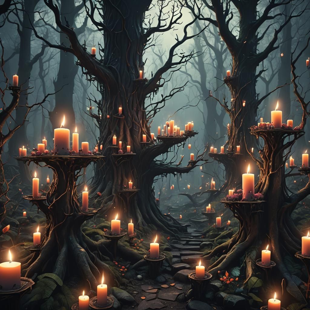 Mysterious Forest with Candles in Detailed Matte Painting