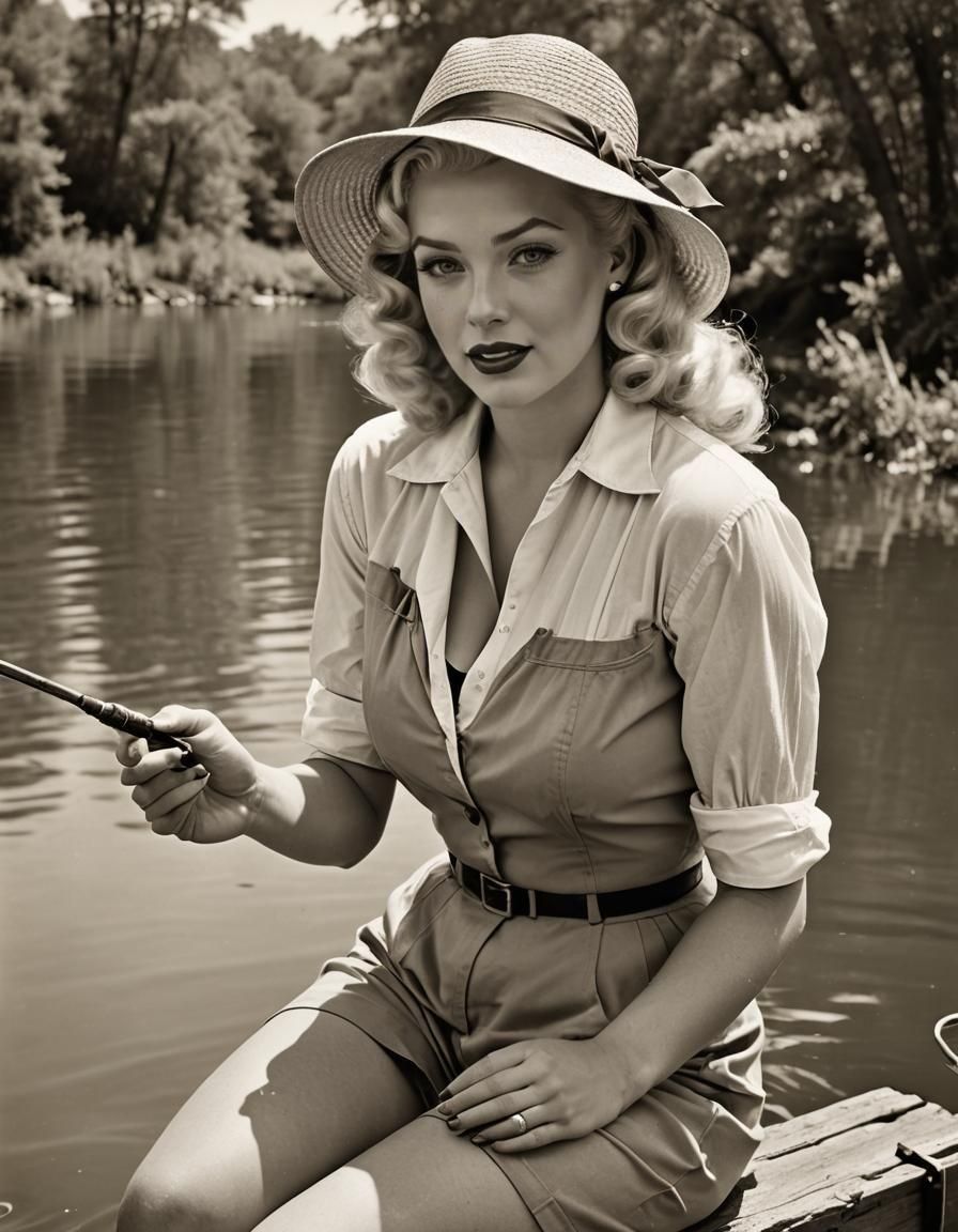 1950s Pin-Up Girl Fishing: Vintage Digital Portrait