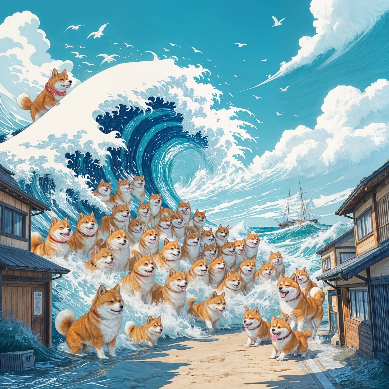 Doges Tsunami Crashing on Seaside Town