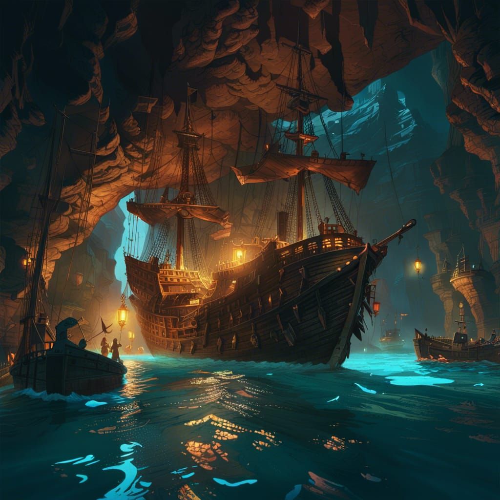 Epic Pirate Underground City in Dark Water Cavern