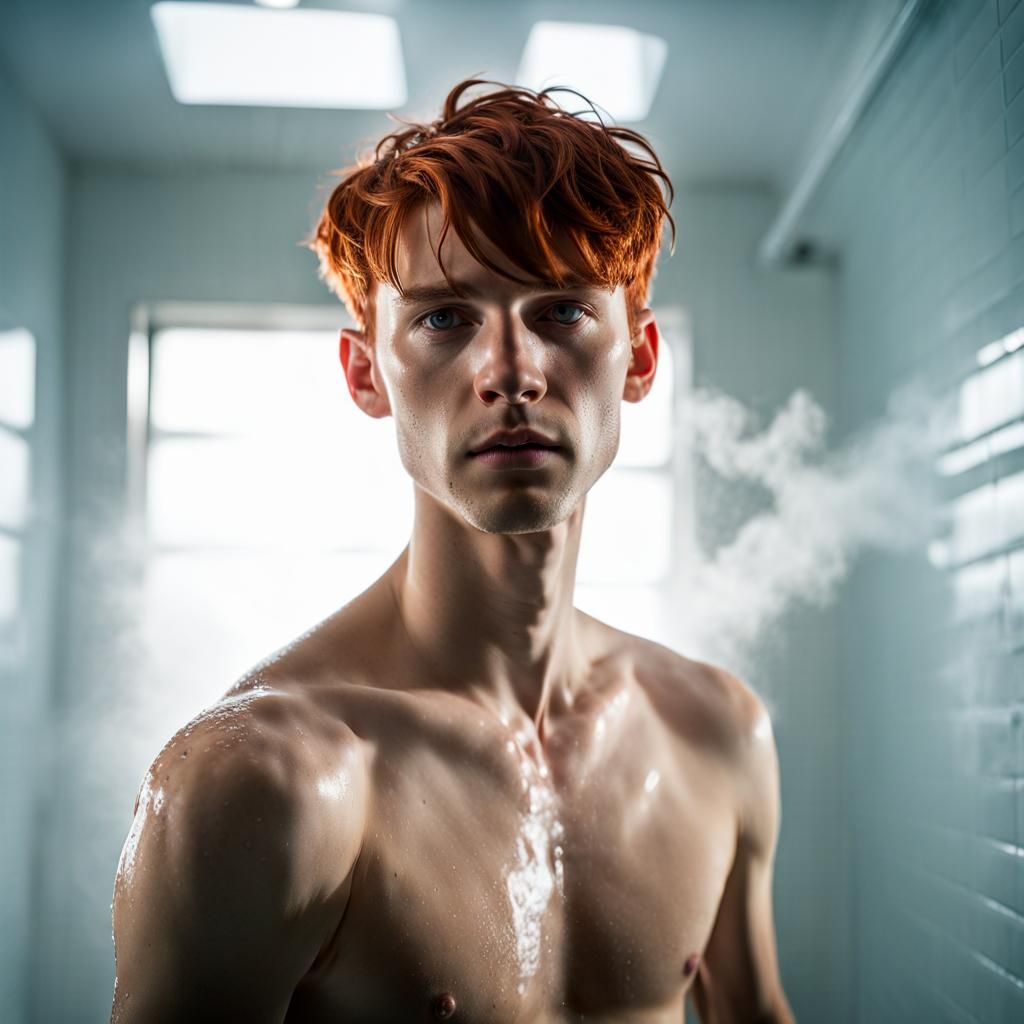 Ethereal Redhead: Hyperrealistic Shower Room Portrait