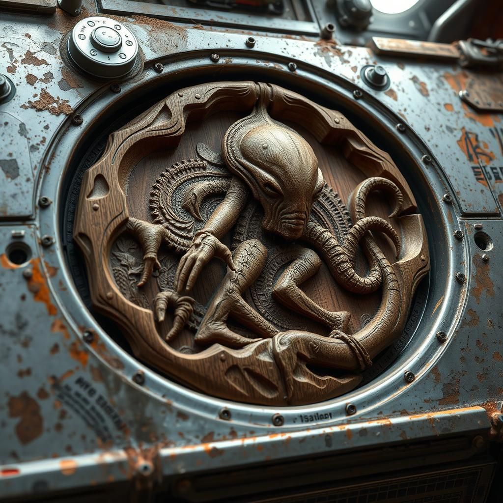 Alien Hero Wood Carving on Spaceship, 3D Art