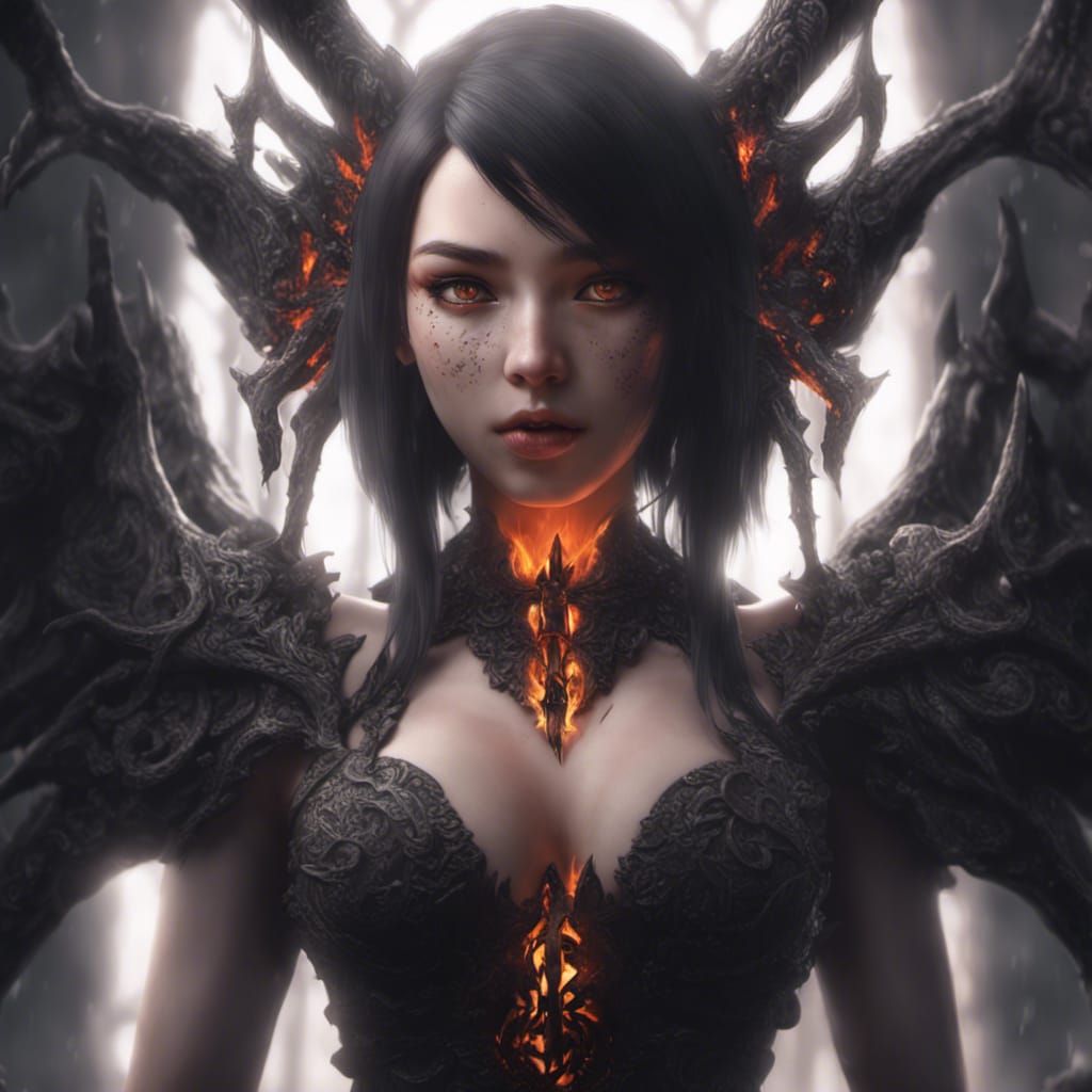 Anime Lilith with Fiery Black Hair in Diablo Style