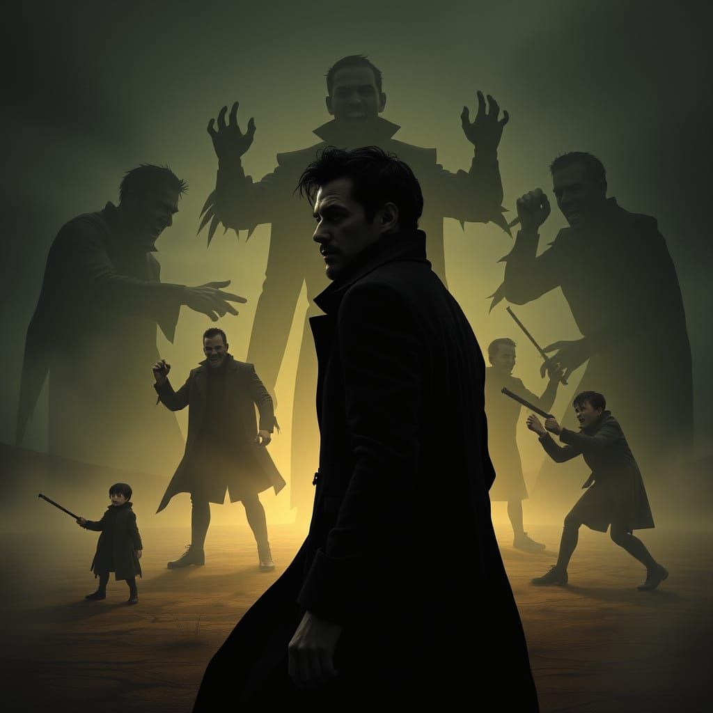 A Man Surrounded by Dark Silhouettes of Himself in a Desolat...