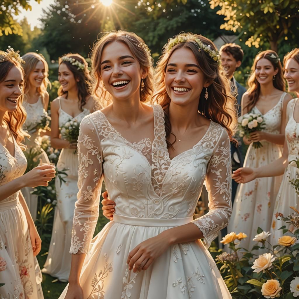 Bride and Friends in Garden: Vibrant Digital Art